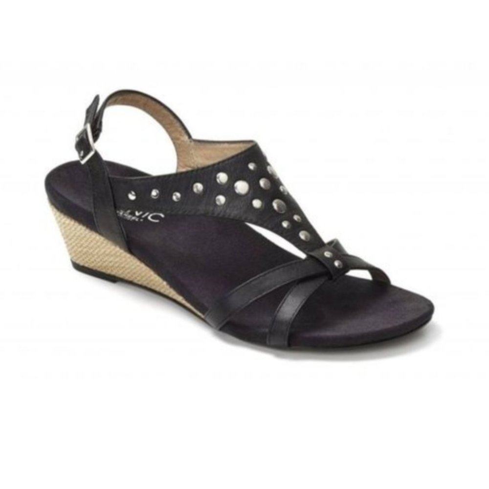 Vionic Catarina Wedge Sandals Black Leather Studded Strappy Shoes Women's Size 8
